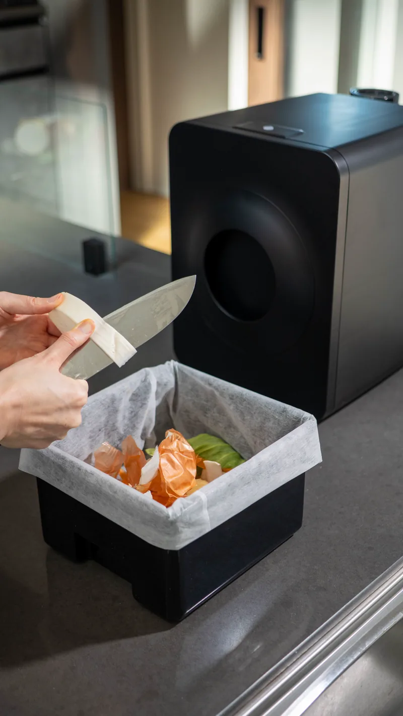 黒いLoofenのバスケットへ生ゴミを入れる様子